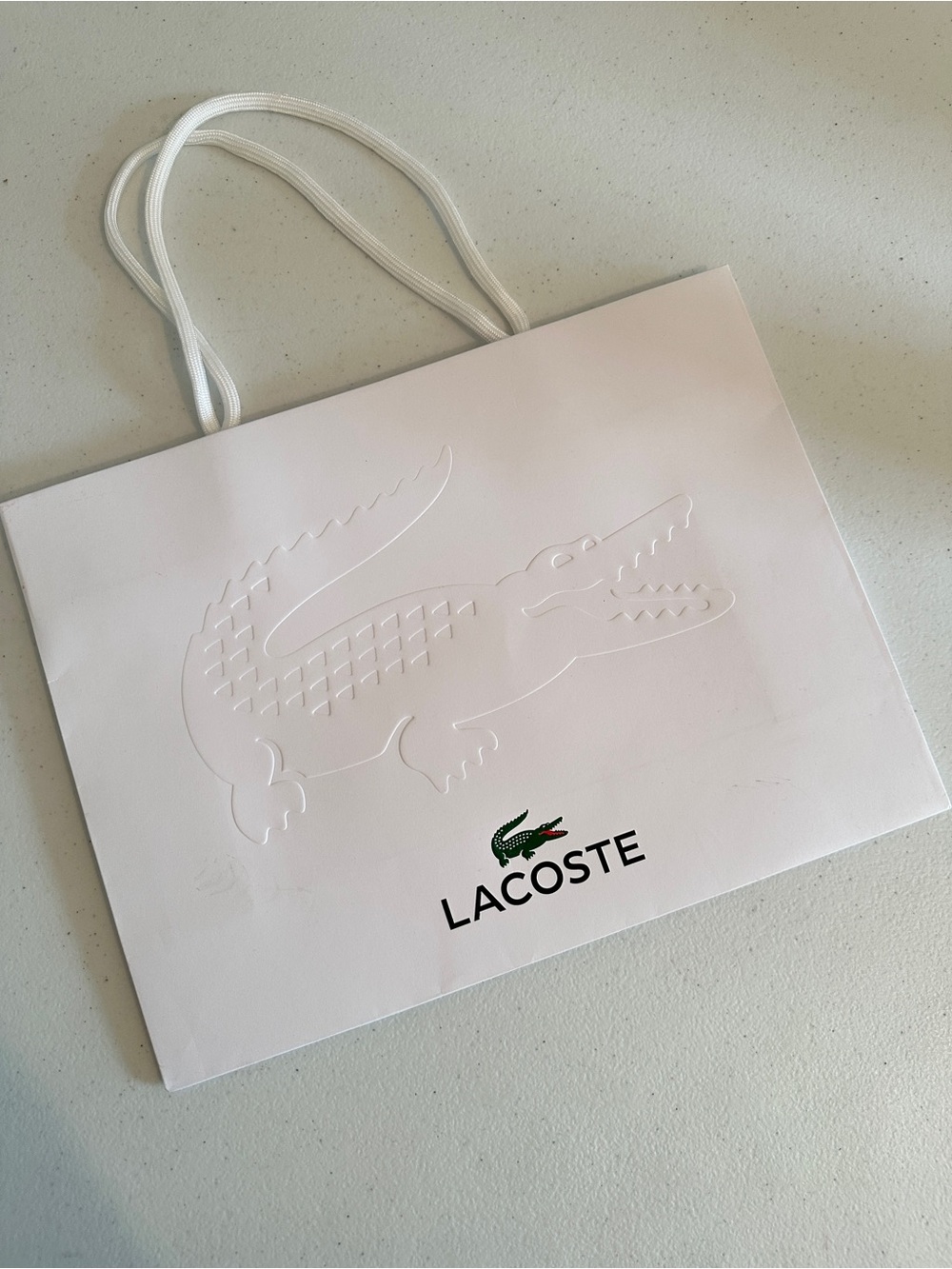 Lacoste White Shopping Bag with Embossed Crocodile and Logo Empty